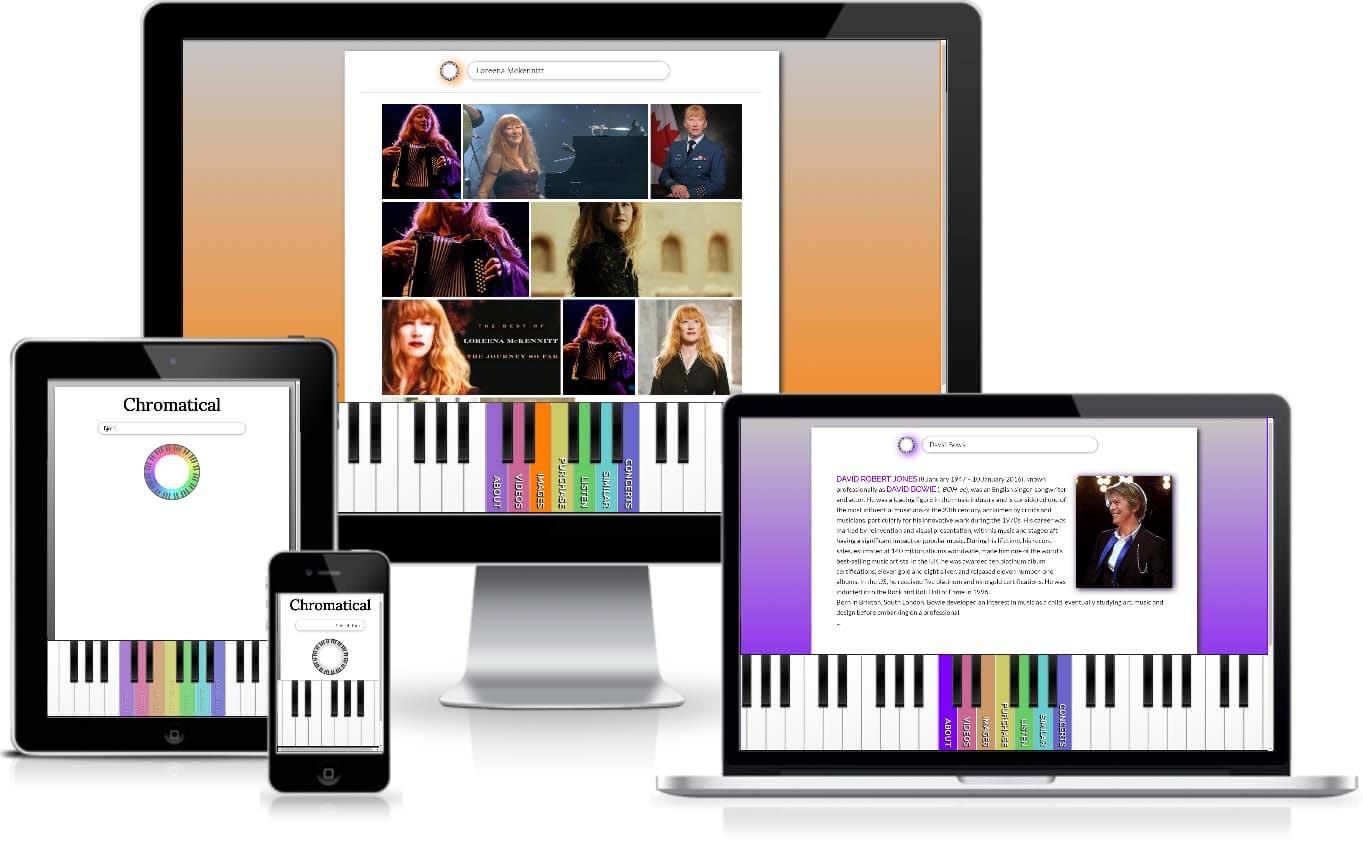 Chromatical web app screen images 
                displayed on desktop, tablet, and mobile.