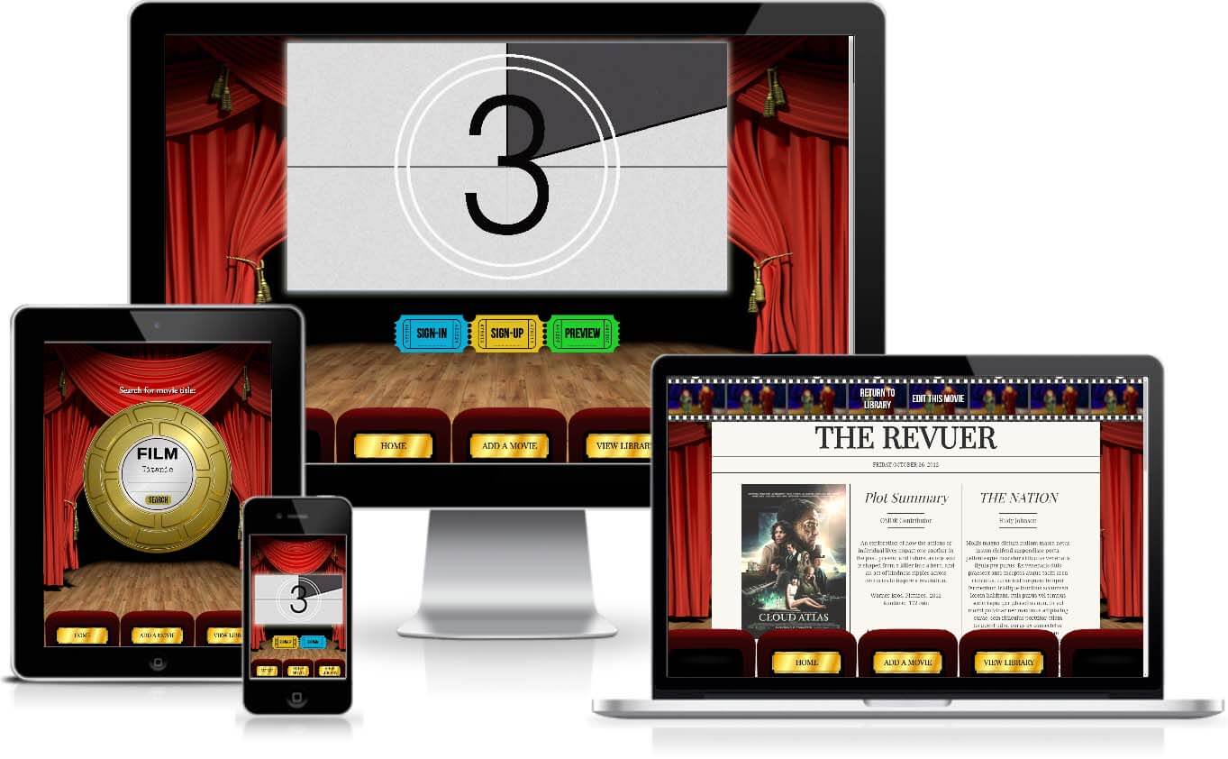 Revuer web app screen images displayed on 
                desktop, tablet, and mobile.