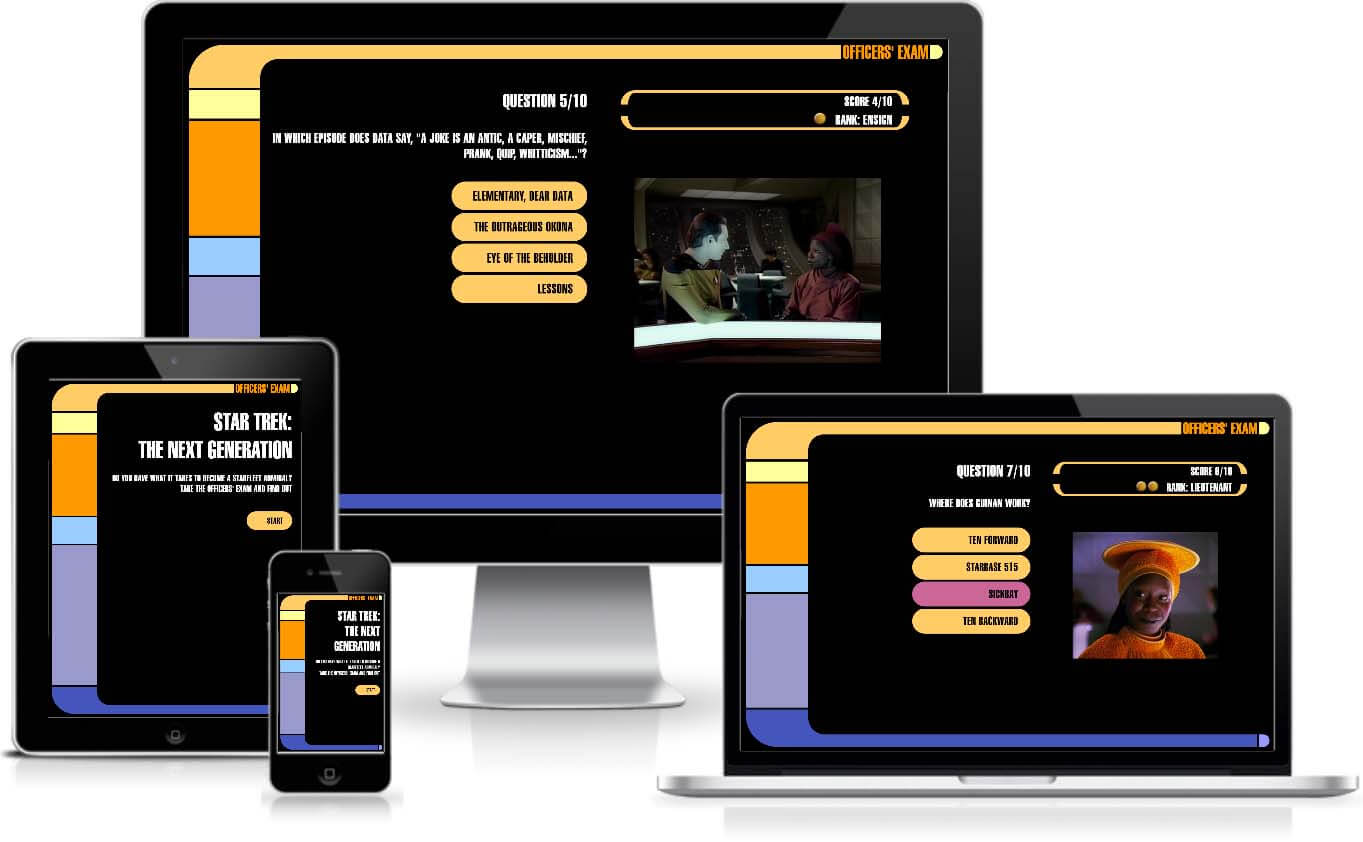 Star Trek quiz web app screen images 
                displayed on desktop, tablet, and mobile.